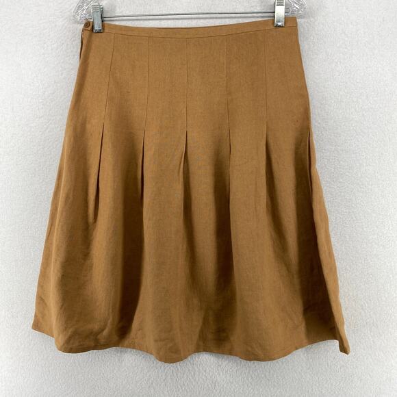 AGNES B Skirt 40 Linen Pleated Side Zip Button A-Linen Brown FRANCE - Picture 2 of 8